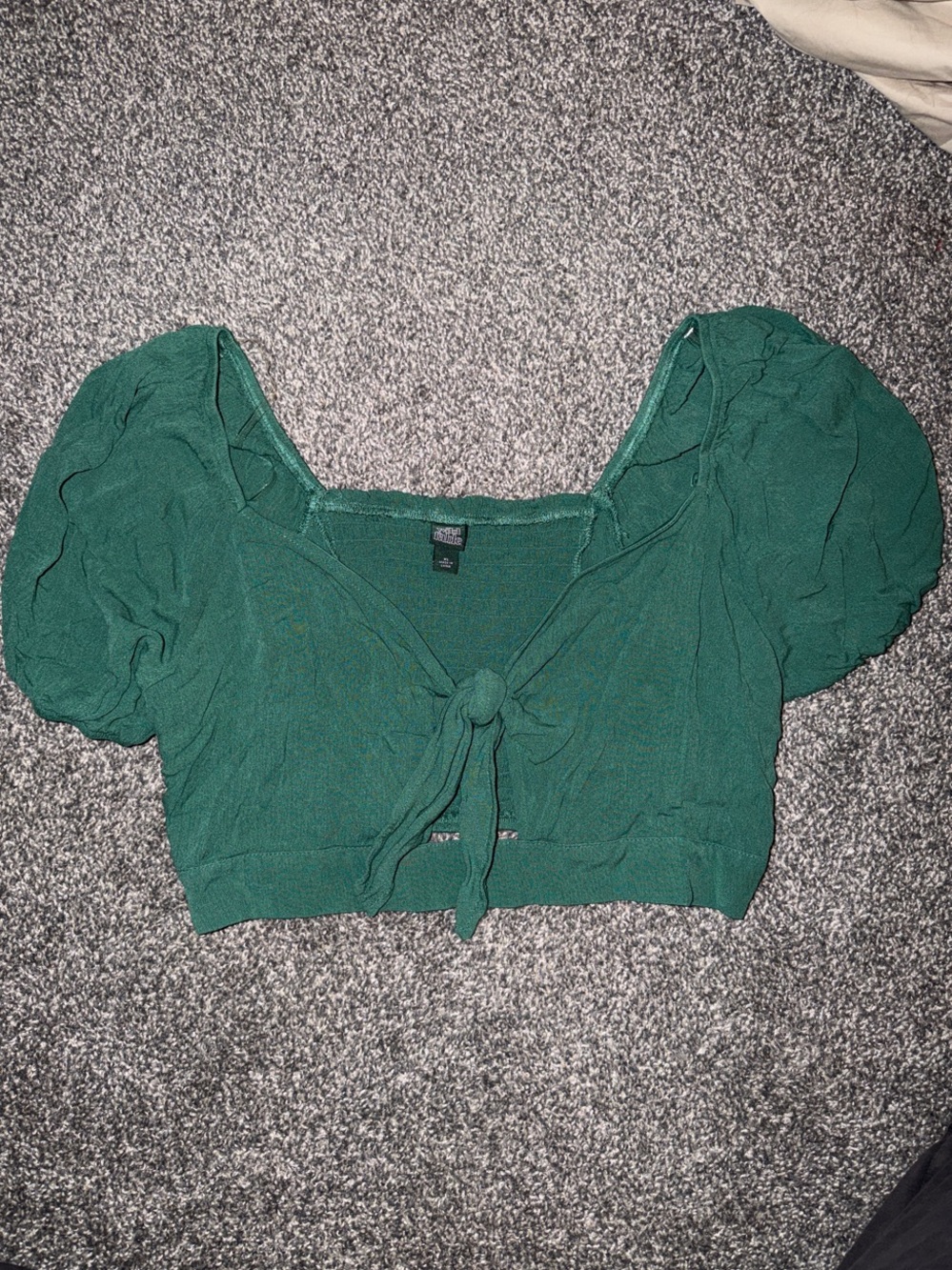 wild fable Emerald Green Tie-Front Puff Sleeve Crop Top